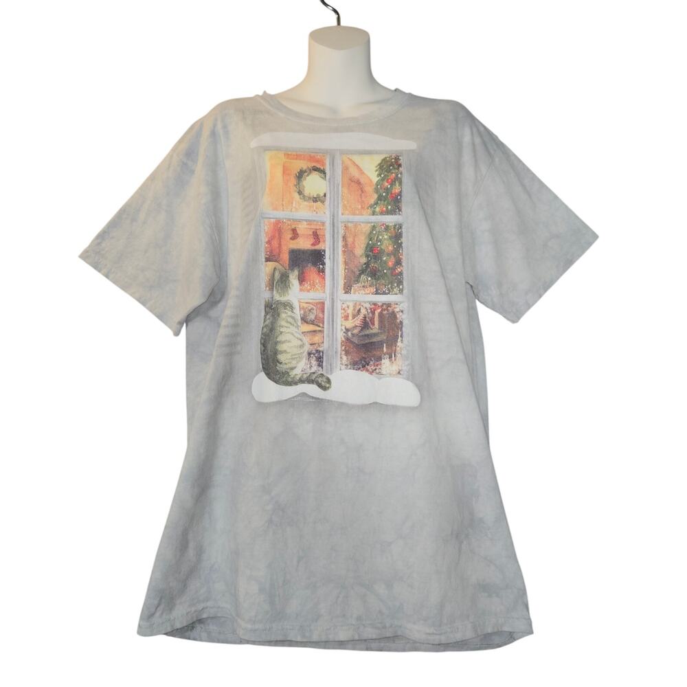 The Mountain Womens Large Magic Blue Christmas Cat T Shirt Gray Tie Dye Graphic